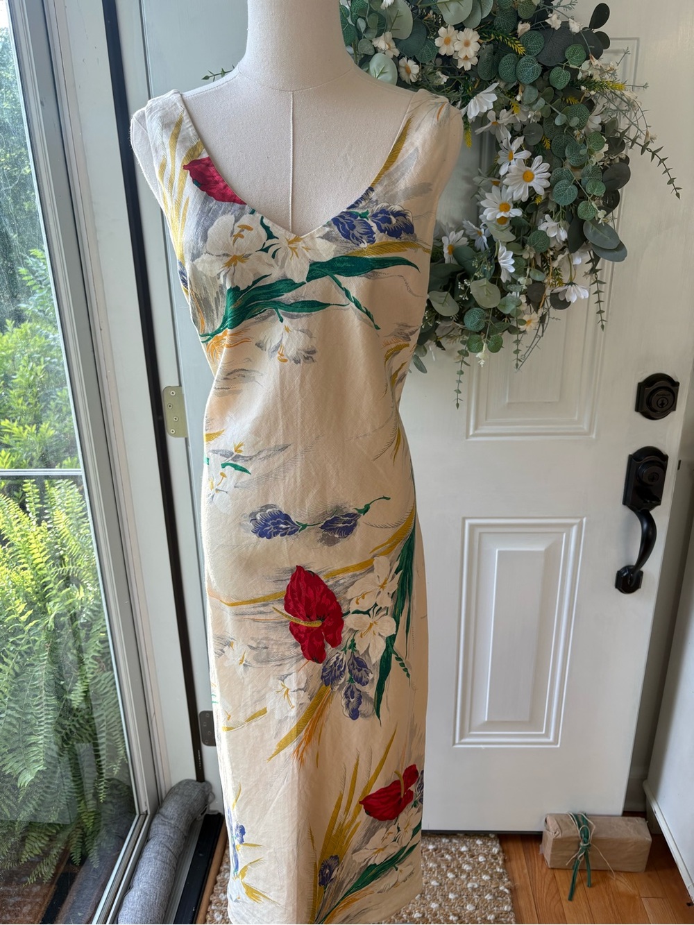 Ralph Lauren 100% Linen Cream Floral Midi Dress with Red, Green and Blue Accents
